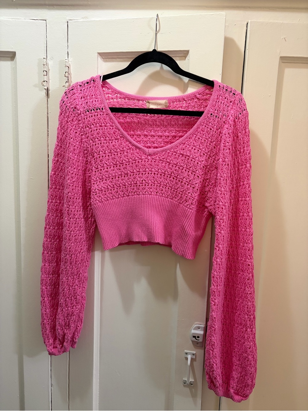 Altar’d State Pink Crochet Crop Sweater S Balloon Sleeve Coquette Balletcore